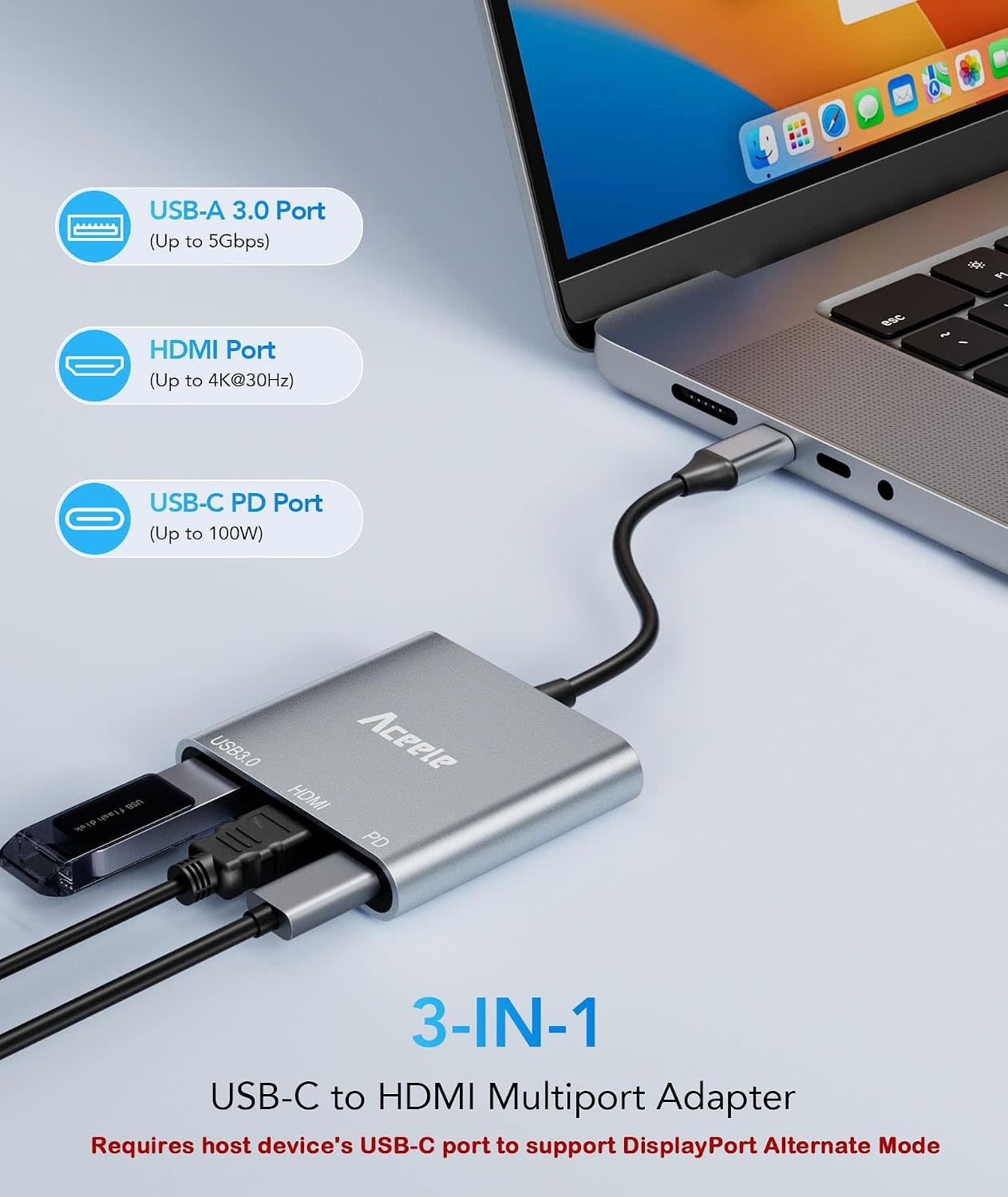 USBC-HDMI+CH - Aceele USB C to HDMI Adapter, 3 in 1 Type-C Digital AV Multiport Adapter