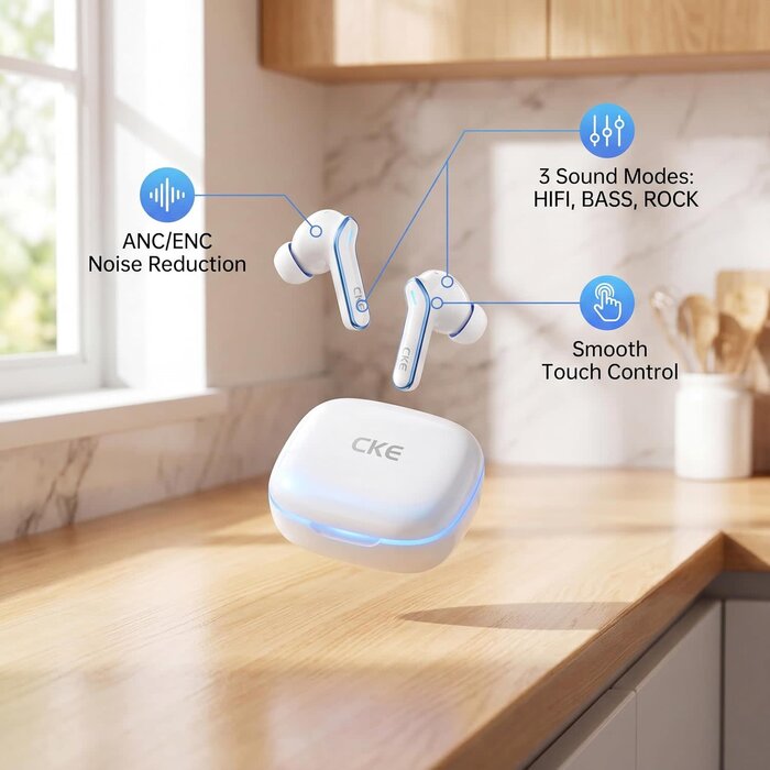 Cke-c808 - CKE Wireless Earbuds - Active Noise Cancelling Bluetooth Headphones with ENC, 3 EQ Sound Modes (HIFI/BASS/ROCK), 400mAh Charging Case, Low Latency Game Mode, and 30H Total Playtime - White