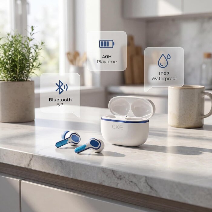 Cke-c808 - CKE Wireless Earbuds - Active Noise Cancelling Bluetooth Headphones with ENC, 3 EQ Sound Modes (HIFI/BASS/ROCK), 400mAh Charging Case, Low Latency Game Mode, and 30H Total Playtime - White