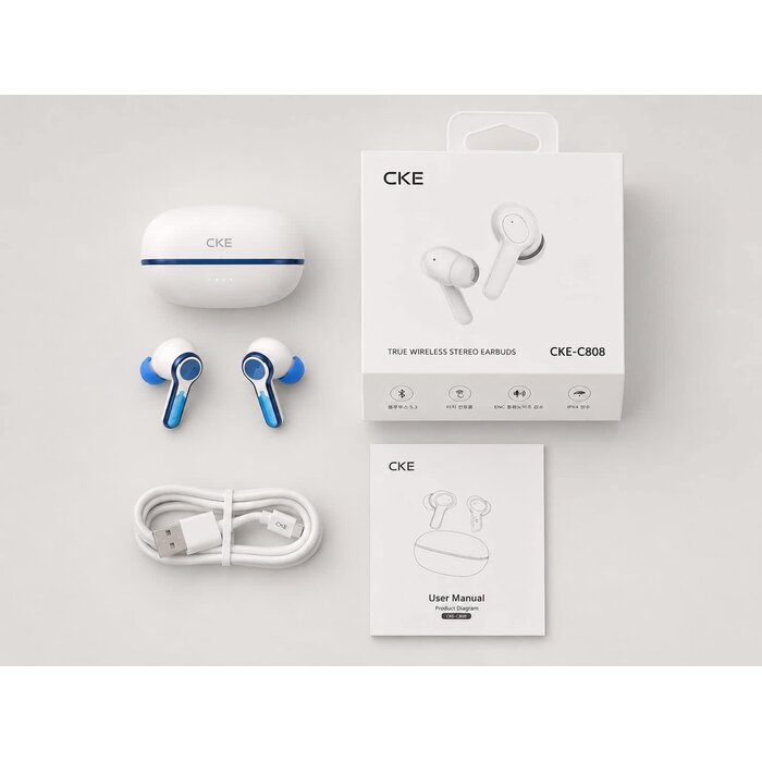 Cke-c808 - CKE Wireless Earbuds - Active Noise Cancelling Bluetooth Headphones with ENC, 3 EQ Sound Modes (HIFI/BASS/ROCK), 400mAh Charging Case, Low Latency Game Mode, and 30H Total Playtime - White