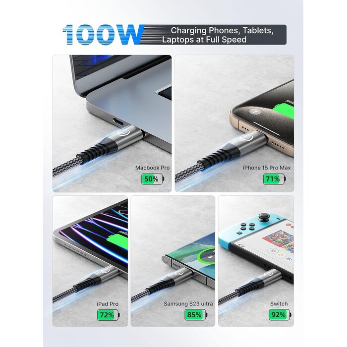 USBC2C-10FT - Yosou USBC to USBC 100W [10ft/2 Pack] USB C to USB C Fast Charging Cable Braided C to C Charger Cord for MacBook Pro/Air, iPhone 17 16 15 Pro Plus, iPad Pro, Samsung Galaxy S26 S25 Ultra S24, Pixel, PS5, Switch
