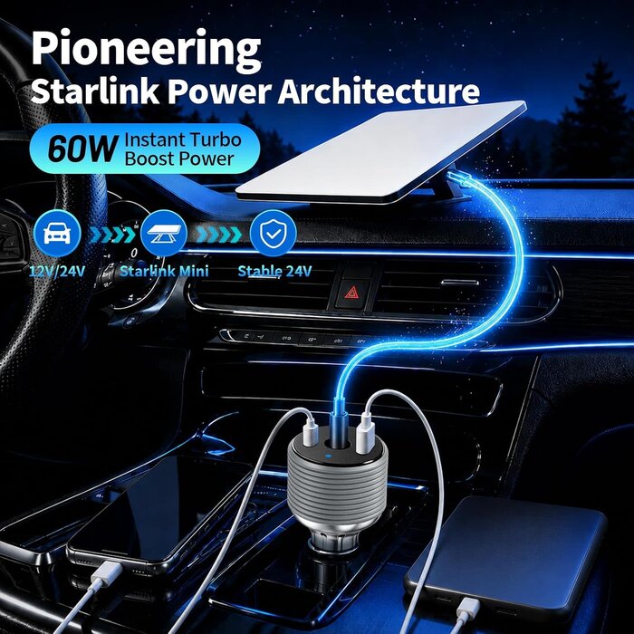 M-SL-12-24V-DC - Hosanwell 3-in-1 Starlink Mini Car Cigarette Lighter Adapter, 12V-24V DC Converter