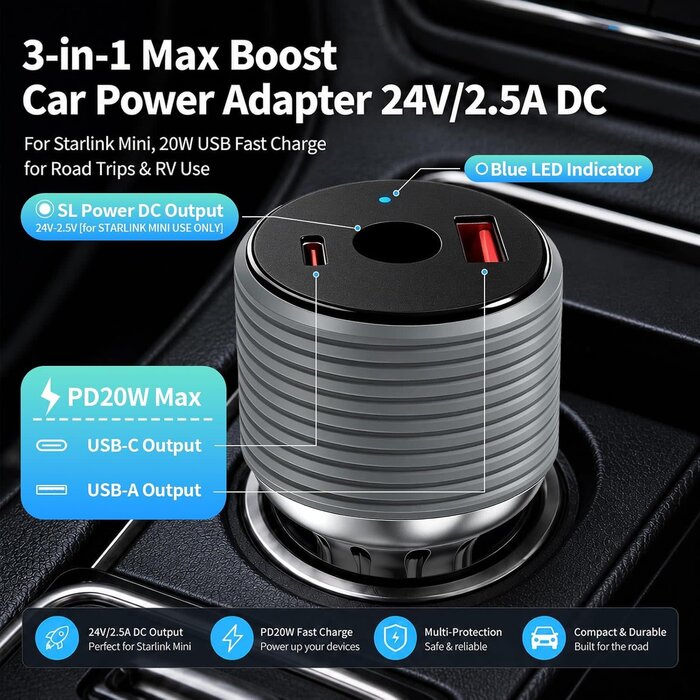 M-SL-12-24V-DC - Hosanwell 3-in-1 Starlink Mini Car Cigarette Lighter Adapter, 12V-24V DC Converter