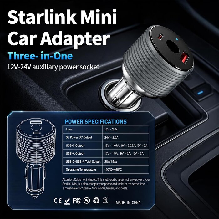 M-SL-12-24V-DC - Hosanwell 3-in-1 Starlink Mini Car Cigarette Lighter Adapter, 12V-24V DC Converter
