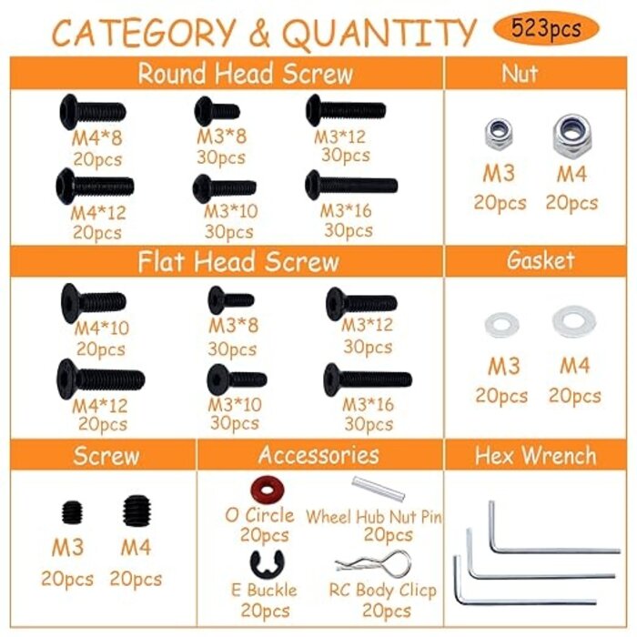 CRWLR-SCRW-KIT-520PC - RC Lelut 520pcs Universal RC Screw Kit Screws Assortment Set, Hardware Fasteners for Traxxas Redcat Arrma Axial RC4WD HSP HPI SCX10 Losi 1/8 1/10 1/12 1/16 Scale RC Crawler Cars Trucks