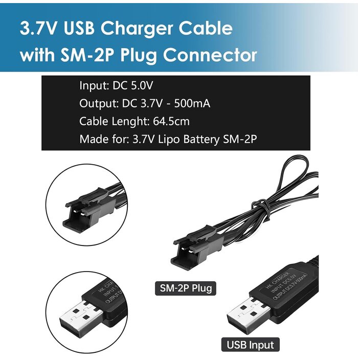 Li-ion-Li-Po-SM-2P-USB - TRAELY 3.7V USB Charger Cable with SM-2P Connector for RC Cars Boat Trucks 1S Li-ion and Li-Po Battery