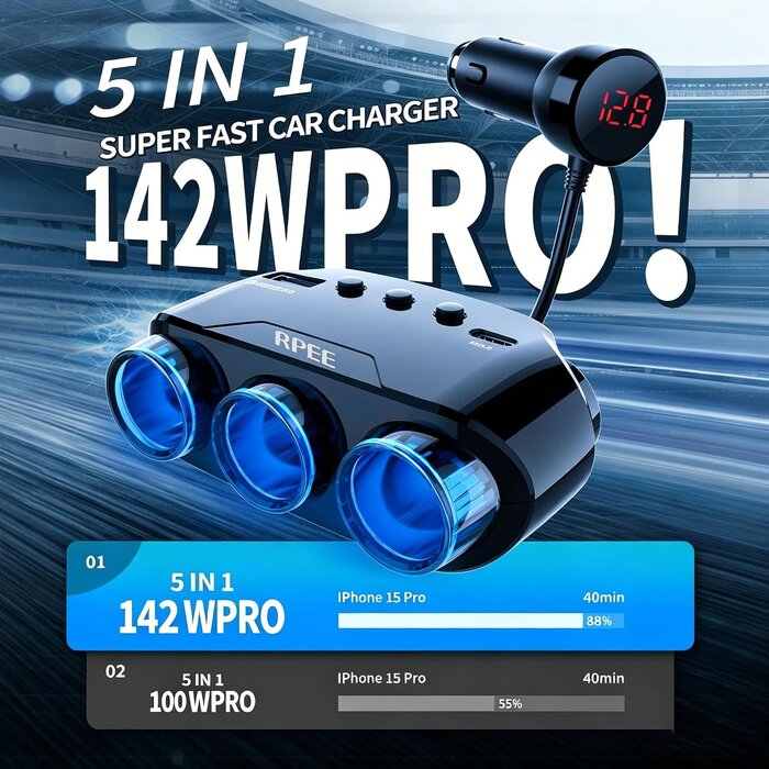 PD02C - RPEE Cigarette Lighter Splitter, 12V/24V Cigarette Lighter Adapter with 3 Socket Expander, PD/QC 3.0 Charger, USB-C Fast Charger, Independent Switches, LED Voltage Display