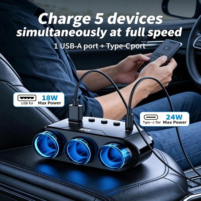 PD02C - RPEE Cigarette Lighter Splitter, 12V/24V Cigarette Lighter Adapter with 3 Socket Expander, PD/QC 3.0 Charger, USB-C Fast Charger, Independent Switches, LED Voltage Display