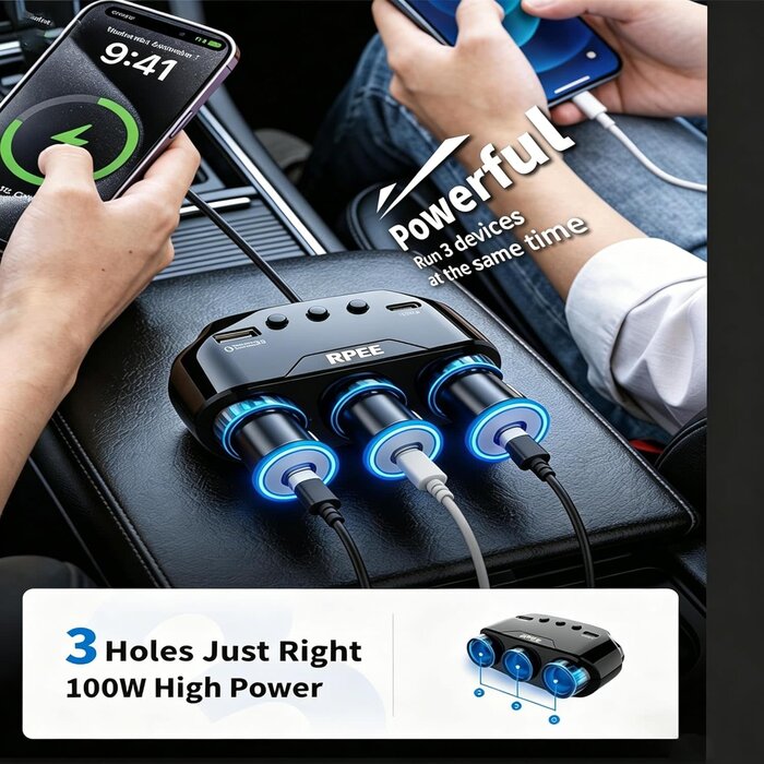PD02C - RPEE Cigarette Lighter Splitter, 12V/24V Cigarette Lighter Adapter with 3 Socket Expander, PD/QC 3.0 Charger, USB-C Fast Charger, Independent Switches, LED Voltage Display