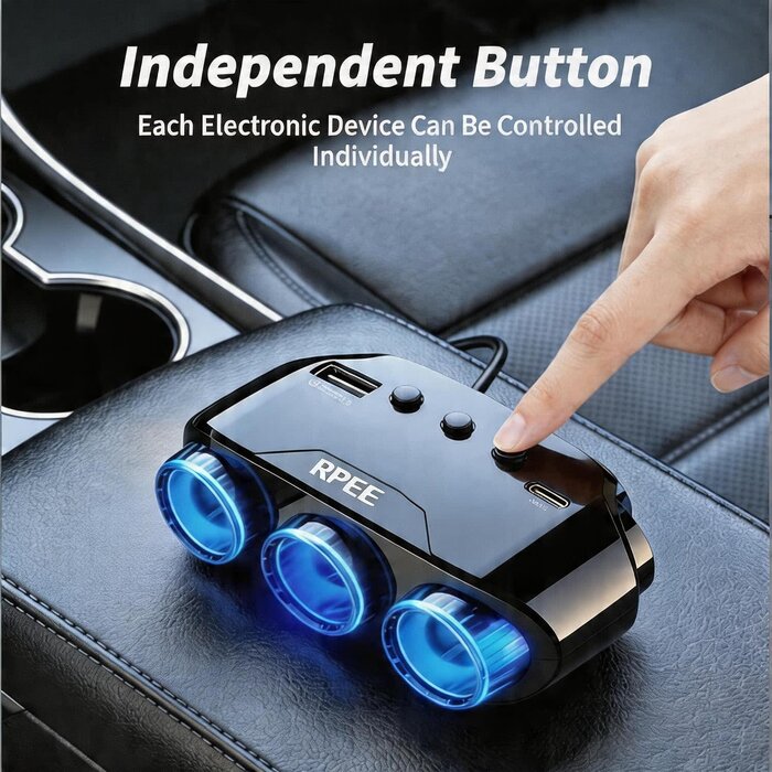 PD02C - RPEE Cigarette Lighter Splitter, 12V/24V Cigarette Lighter Adapter with 3 Socket Expander, PD/QC 3.0 Charger, USB-C Fast Charger, Independent Switches, LED Voltage Display