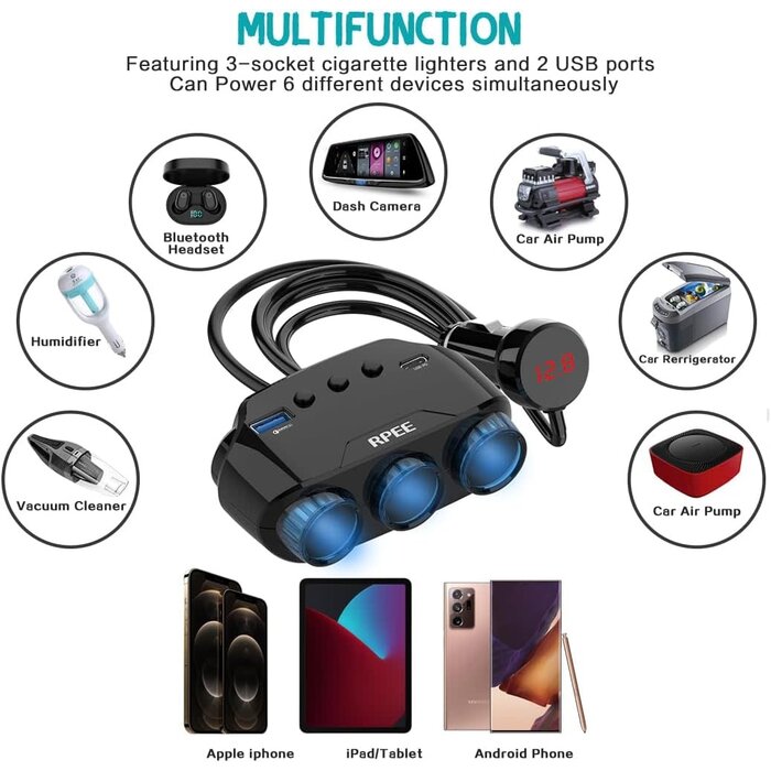 PD02C - RPEE Cigarette Lighter Splitter, 12V/24V Cigarette Lighter Adapter with 3 Socket Expander, PD/QC 3.0 Charger, USB-C Fast Charger, Independent Switches, LED Voltage Display