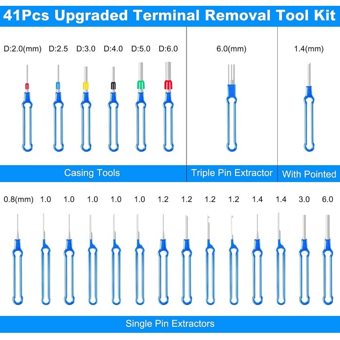 ‎TRTK-41PC-BLU - Kikerike Terminal Removal Tool Kit 41 Pcs Depinning Tool Electrical Connector Pin Removal Tool Kit Pin Extractor Tool Set Wire Terminal Release Tool for Automotive Car Household Devices - Blue