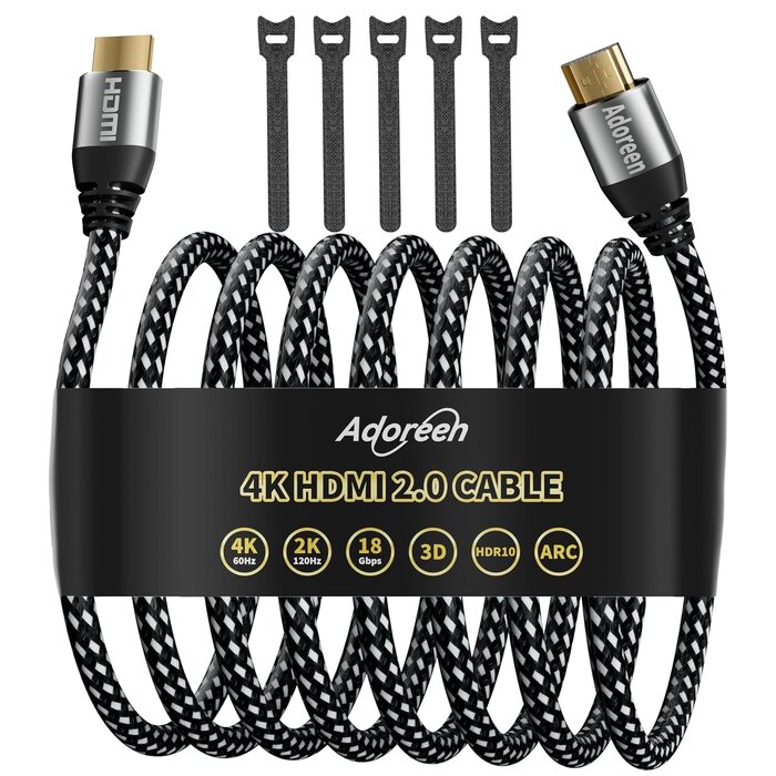 HDMI-4K12FT - Adoreen 4K HDMI Cable 12 Feet, High Speed 18Gbps Braided HDMI 2.0 Cable Cord, 4K@60Hz, 2K,1080P, ARC HDR HDCP 3D, Sturdy & Flexible & Untangled & Supreme Texture, Compatible Monitor UHD TV PC PS5 Xbox