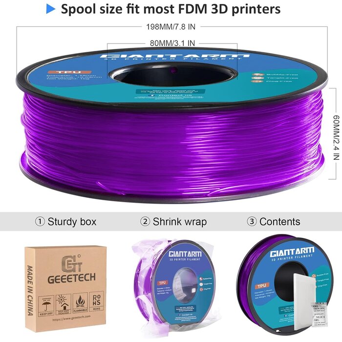 GIANTARM TPU-PRPL - GiantArm Clear Purple TPU Filament 1.75mm, Shore 95A Flexible 3D Printer Filament with High Elasticity, 1KG (2.2lbs) Spool, Dimensional Accuracy ±0.03mm, Fits Most FDM Printers