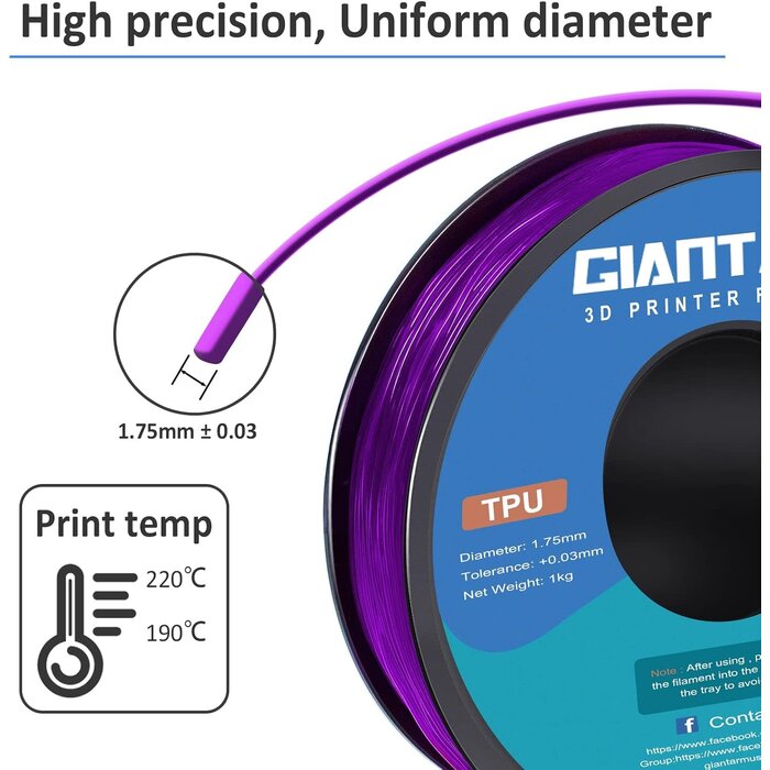 GIANTARM TPU-PRPL - GiantArm Clear Purple TPU Filament 1.75mm, Shore 95A Flexible 3D Printer Filament with High Elasticity, 1KG (2.2lbs) Spool, Dimensional Accuracy ±0.03mm, Fits Most FDM Printers