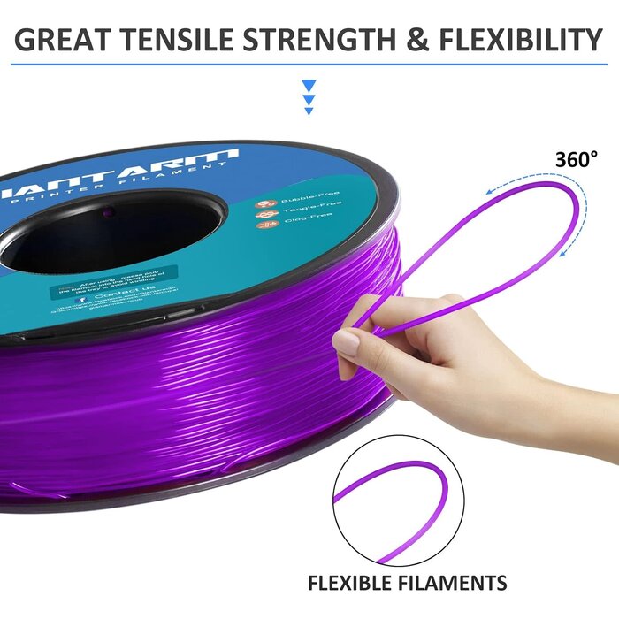 GIANTARM TPU-PRPL - GiantArm Clear Purple TPU Filament 1.75mm, Shore 95A Flexible 3D Printer Filament with High Elasticity, 1KG (2.2lbs) Spool, Dimensional Accuracy ±0.03mm, Fits Most FDM Printers