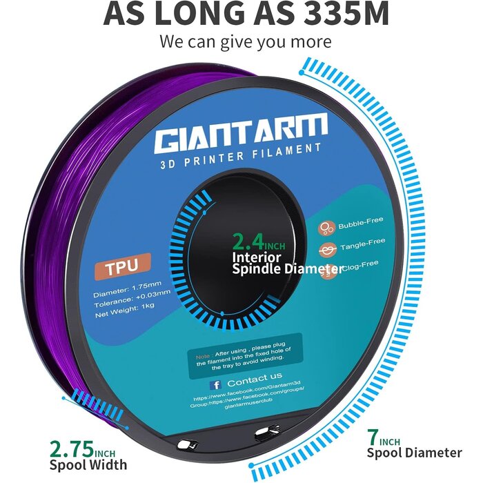 GIANTARM TPU-PRPL - GiantArm Clear Purple TPU Filament 1.75mm, Shore 95A Flexible 3D Printer Filament with High Elasticity, 1KG (2.2lbs) Spool, Dimensional Accuracy ±0.03mm, Fits Most FDM Printers