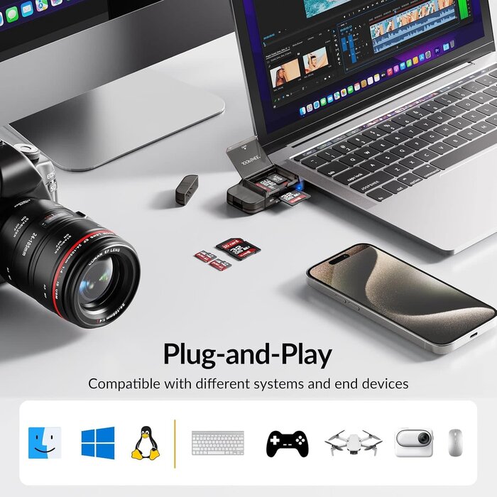 HOIOS SD Card Reader USB-C, 3-in-1 Memory Card Reader