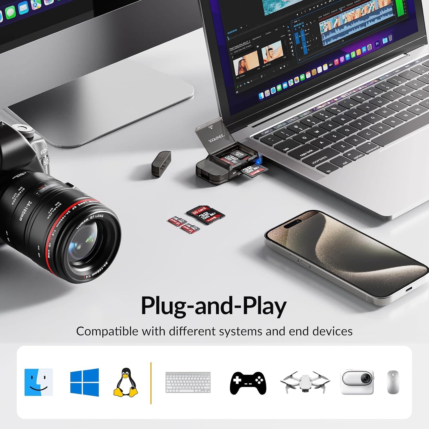 HOIOS SD Card Reader USB-C, 3-in-1 Memory Card Reader