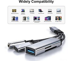 USBCAUX+CH - Apitiong 4-in-1 USB C to 3.5mm Headphone Audio Adapter with 60W PD Fast Charging, USB OTG Dongle & TF/SD Card Reader, Hi-Res DAC Splitter Compatible with iPhone15/16, iPadPro, MacBook, Galaxy S23 and most
