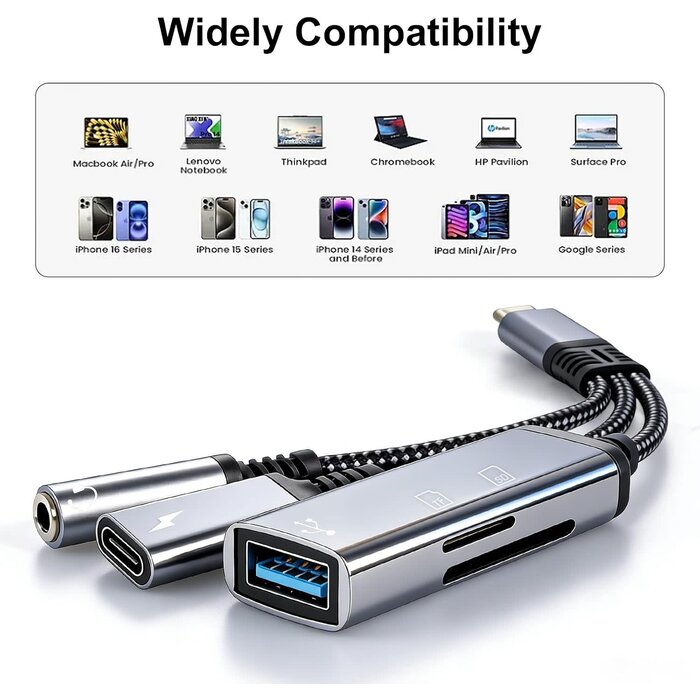 USBCAUX+CH - Apitiong 4-in-1 USB C to 3.5mm Headphone Audio Adapter with 60W PD Fast Charging, USB OTG Dongle & TF/SD Card Reader, Hi-Res DAC Splitter Compatible with iPhone15/16, iPadPro, MacBook, Galaxy S23 and most