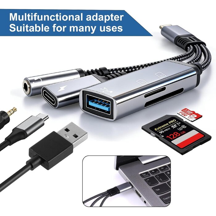 USBCAUX+CH - Apitiong 4-in-1 USB C to 3.5mm Headphone Audio Adapter with 60W PD Fast Charging, USB OTG Dongle & TF/SD Card Reader, Hi-Res DAC Splitter Compatible with iPhone15/16, iPadPro, MacBook, Galaxy S23 and most