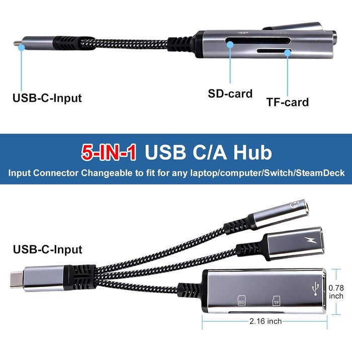 USBCAUX+CH - Apitiong 4-in-1 USB C to 3.5mm Headphone Audio Adapter with 60W PD Fast Charging, USB OTG Dongle & TF/SD Card Reader, Hi-Res DAC Splitter Compatible with iPhone15/16, iPadPro, MacBook, Galaxy S23 and most