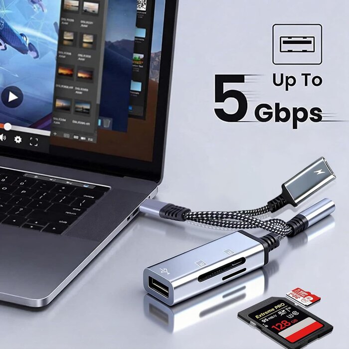 USBCAUX+CH - Apitiong 4-in-1 USB C to 3.5mm Headphone Audio Adapter with 60W PD Fast Charging, USB OTG Dongle & TF/SD Card Reader, Hi-Res DAC Splitter Compatible with iPhone15/16, iPadPro, MacBook, Galaxy S23 and most
