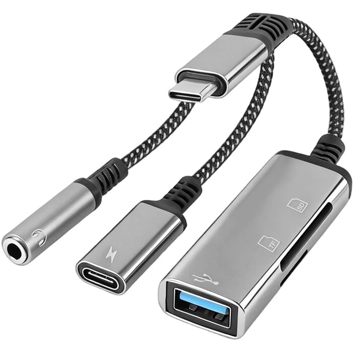 USBCAUX+CH - Apitiong 4-in-1 USB C to 3.5mm Headphone Audio Adapter with 60W PD Fast Charging, USB OTG Dongle & TF/SD Card Reader, Hi-Res DAC Splitter Compatible with iPhone15/16, iPadPro, MacBook, Galaxy S23 and most