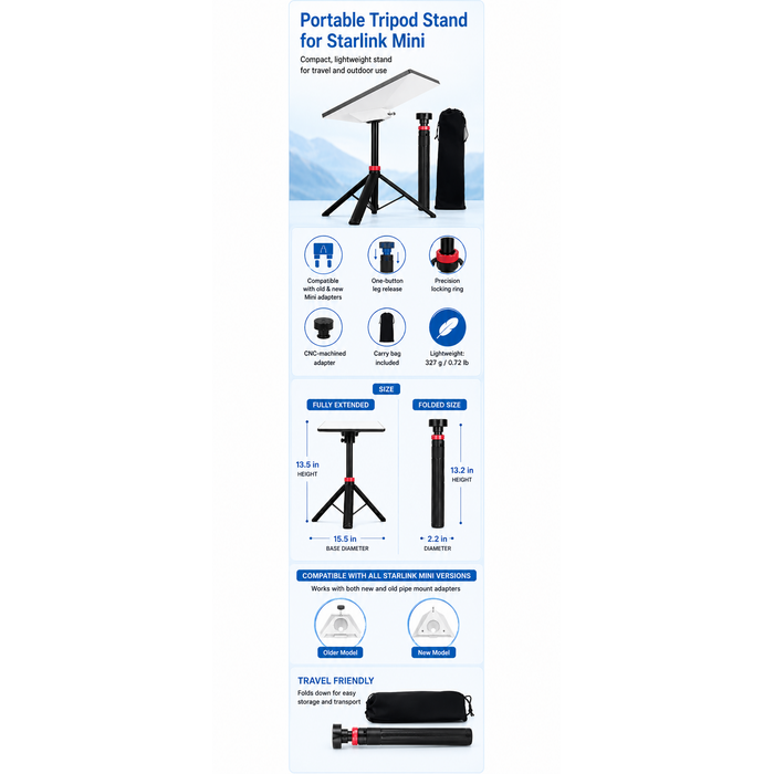 M-SL-CAR-TRIPOD - EXNOVFC Portable Starlink Mini Tripod Stand, 0.72 lb Lightweight Ground Mount