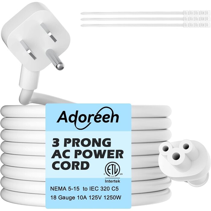 ARPC3P-MH-A-S-WH-6FT - Adoreen 45 Degree Angled Flat Plug Mickey Mouse Replacement Laptop Power Cord 6 Ft, Seamless 5-15P to IEC 320 C5 3-Prong Universal AC Cable for PC Notebook Printer Dell HP TV, 18AWG, ETL+Ties-White
