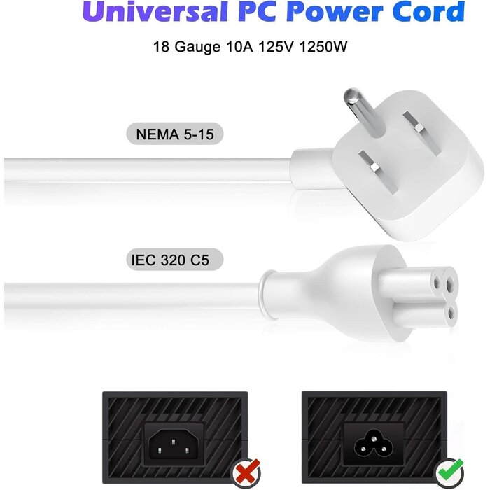 ARPC3P-MH-A-S-WH-6FT - Adoreen 45 Degree Angled Flat Plug Mickey Mouse Replacement Laptop Power Cord 6 Ft, Seamless 5-15P to IEC 320 C5 3-Prong Universal AC Cable for PC Notebook Printer Dell HP TV, 18AWG, ETL+Ties-White