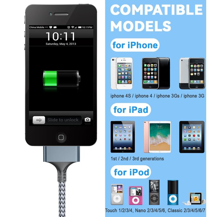 APPLE-30PIN-6FT - Herfair 30-Pin Charger Cable for Old iPhone/iPod/iPad Fast Charging & Data, 3FT Nylon Braided USB Power Cable Fits for iPhone 4/4s/3G/3GS, iPad 1 2 3, iPod Touch 4 3 2 1, iPod Classic/Nano 3 4 5 6
