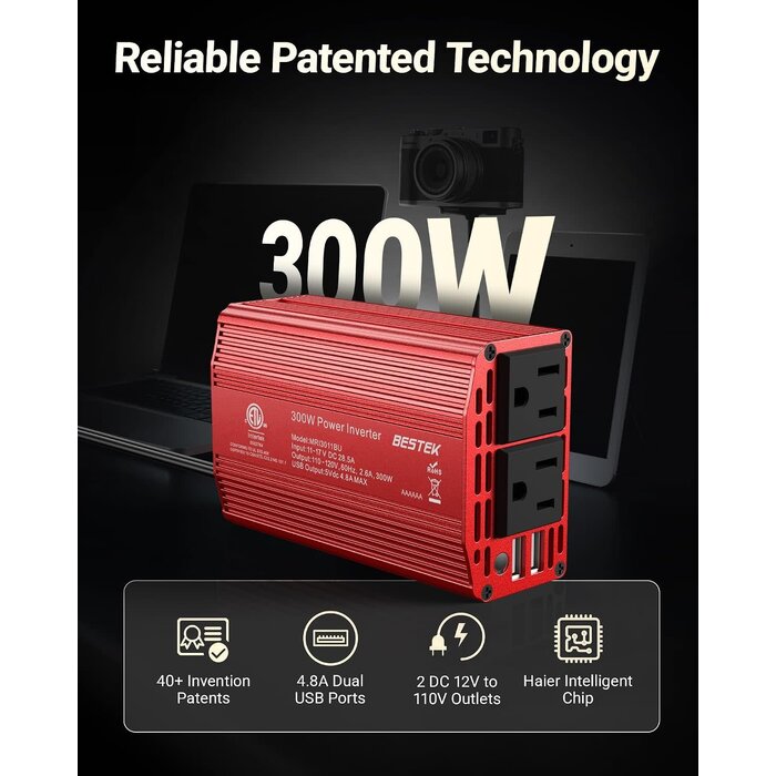 300W-INVERTER - BESTEK Power Inverter DC 12-17V to AC 110V - 300W Car Plug Adapter Outlet