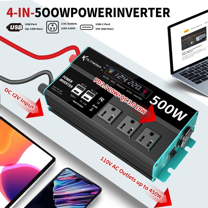 500W Continuous/1000W Peak Car Power Inverter DC 12V to AC 110V Adapter with 2 AC Outlets and 2A USB Charging Port