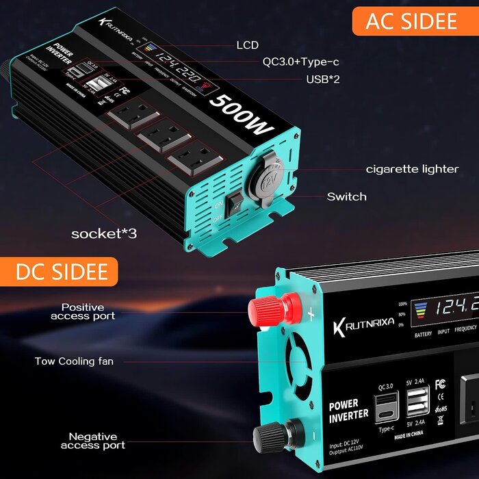 500W Continuous/1000W Peak Car Power Inverter DC 12V to AC 110V Adapter with 2 AC Outlets and 2A USB Charging Port