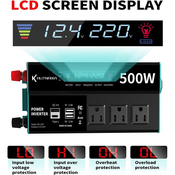 500W Continuous/1000W Peak Car Power Inverter DC 12V to AC 110V Adapter with 2 AC Outlets and 2A USB Charging Port