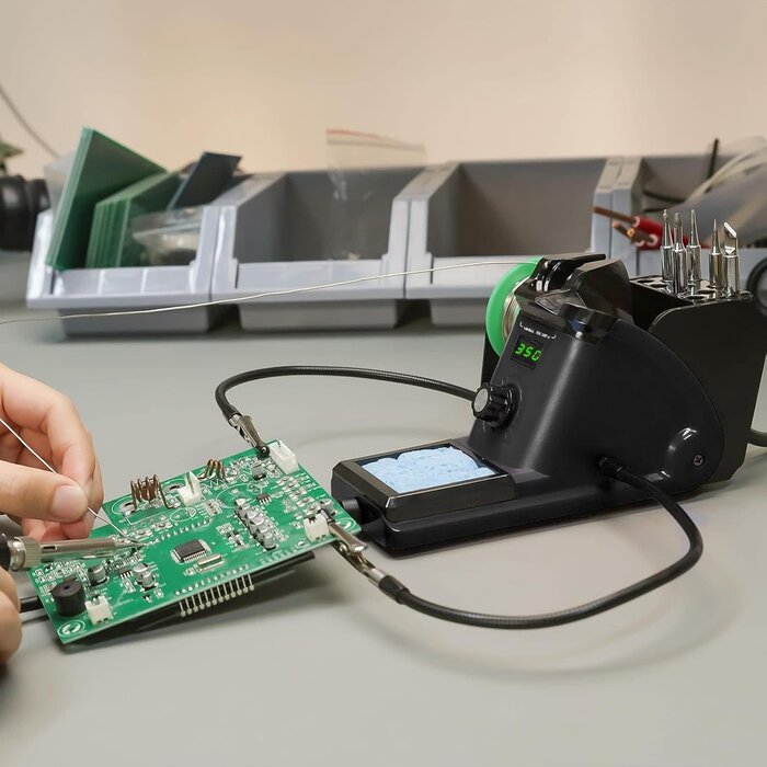 60W Digital Display Soldering Iron Station Kit w 2 Helping Hands, 6 Extra Iron Tips, Lead-Free Solder, Solder Sucker, S/S Tweezers, °C/ºF Conversion, Auto Sleep & Calibration Support