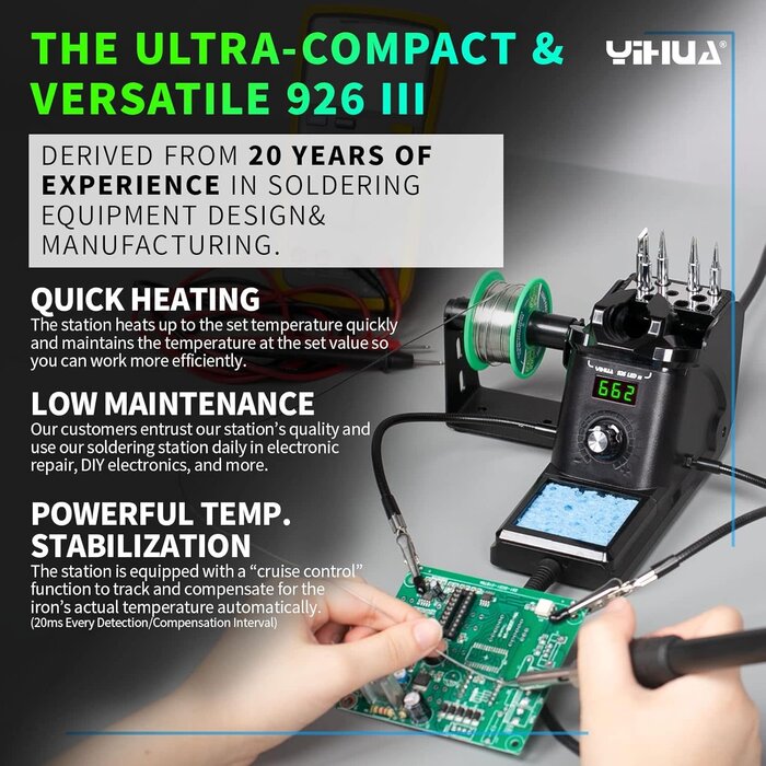 60W Digital Display Soldering Iron Station Kit w 2 Helping Hands, 6 Extra Iron Tips, Lead-Free Solder, Solder Sucker, S/S Tweezers, °C/ºF Conversion, Auto Sleep & Calibration Support