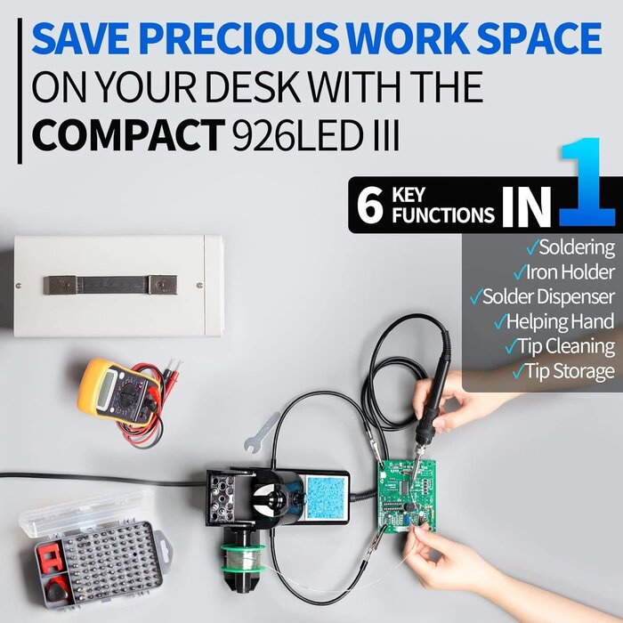 60W Digital Display Soldering Iron Station Kit w 2 Helping Hands, 6 Extra Iron Tips, Lead-Free Solder, Solder Sucker, S/S Tweezers, °C/ºF Conversion, Auto Sleep & Calibration Support