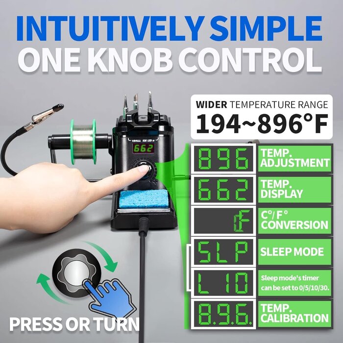 60W Digital Display Soldering Iron Station Kit w 2 Helping Hands, 6 Extra Iron Tips, Lead-Free Solder, Solder Sucker, S/S Tweezers, °C/ºF Conversion, Auto Sleep & Calibration Support