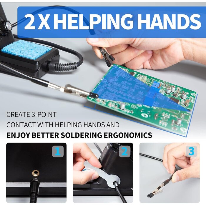 60W Digital Display Soldering Iron Station Kit w 2 Helping Hands, 6 Extra Iron Tips, Lead-Free Solder, Solder Sucker, S/S Tweezers, °C/ºF Conversion, Auto Sleep & Calibration Support
