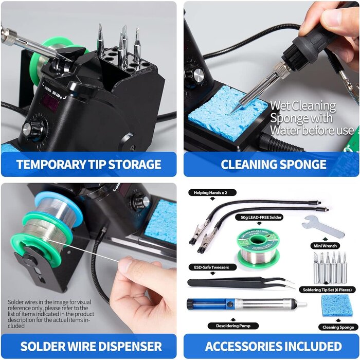 60W Digital Display Soldering Iron Station Kit w 2 Helping Hands, 6 Extra Iron Tips, Lead-Free Solder, Solder Sucker, S/S Tweezers, °C/ºF Conversion, Auto Sleep & Calibration Support