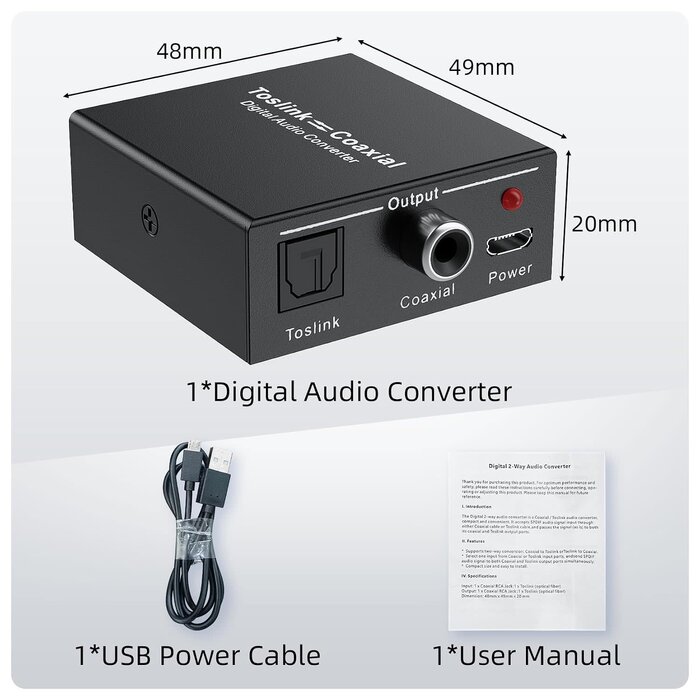 RFOCDC-B2 - LUKFOCAB Optical-to-Coaxial or Coax-to-Optical Digital Audio Converter Adapter, LUKFOCAB Digital Coaxial to Optical Converter, Bi-Directional Coax Digital to/from Optical Toslink SPDIF Audio Converter/Repeater