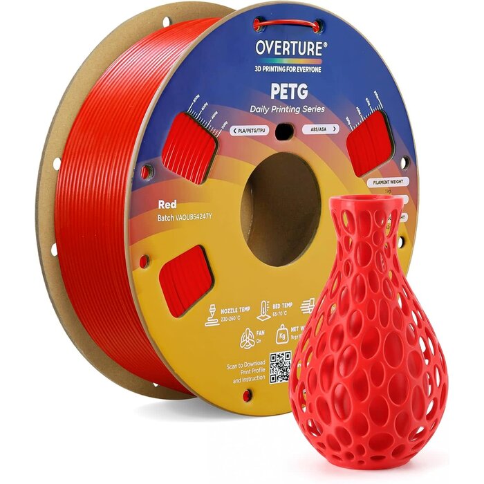 OVPL-PETG-RED - OVERTURE Red High Speed PETG Filament 1.75mm, 1kg Red Neatly Wound & Clog-Free, 1kg (2.2lbs) Rapid PETG, Dimensional Accuracy +/- 0.02mm, Fit Most FDM Printers (Red)
