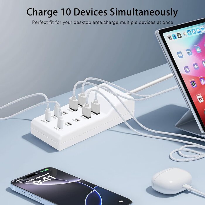 YC-A10 - YiMoXiuYuan USB Fast Charger, 10-Port Portable Charging Station, Suitable for Various Devices, Compatible with iPhone, iPad, Samsung, Google, Xiaomi, Huawei and Other USB Charging Devices