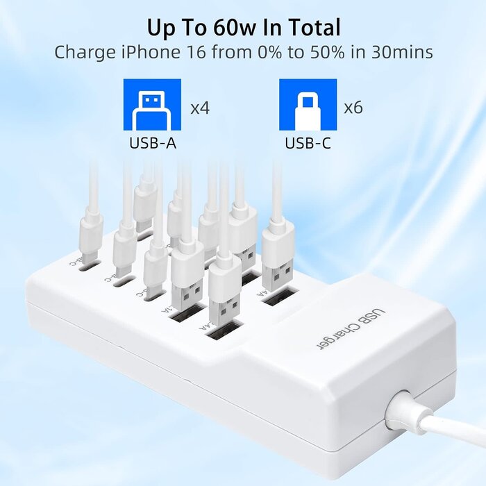 YC-A10 - YiMoXiuYuan USB Fast Charger, 10-Port Portable Charging Station, Suitable for Various Devices, Compatible with iPhone, iPad, Samsung, Google, Xiaomi, Huawei and Other USB Charging Devices