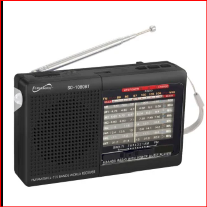 SSC1080BTBLK - Supersonic® 9-Band Rechargeable Radio with Bluetooth® and USB/microSD™ Card Input, SC-1080BT (Black)