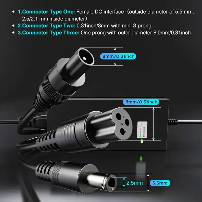HK-42-2000 - EVAPLUS 42V 2A Electric Scooter Charger for 36V Lithium Battery, SGS Safe Fast Charger with 3 Types of Connectors, Compatible with Pocket Mod Sports Mod, Replacement Electric Scooter Charger