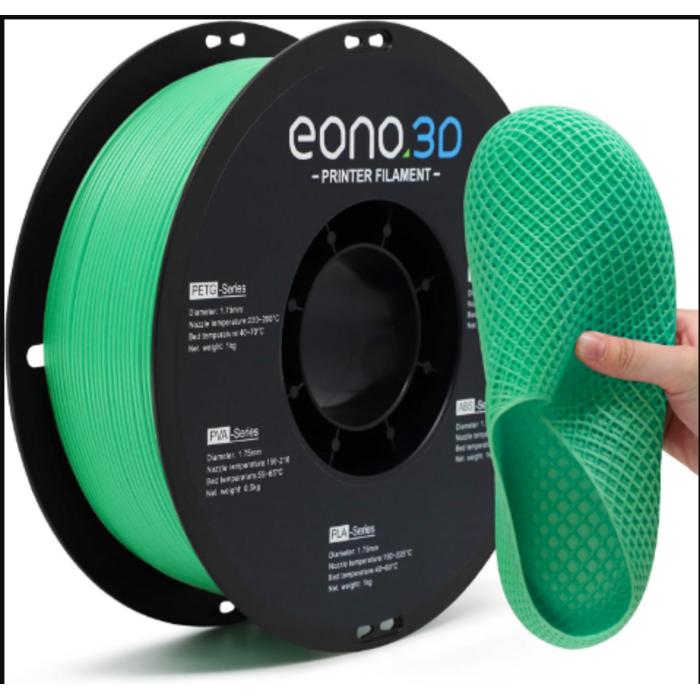 EONO3D-MTTE-GRN-TPU - EONO3D Matte Green TPU Filament 1.75mm, 250g - Shore 95A Flexible & Durable TPU, Matte Green, Low-Gloss Matte Finish, Minimal Layer Lines, for Phone Cases, Wearables & Functional Parts